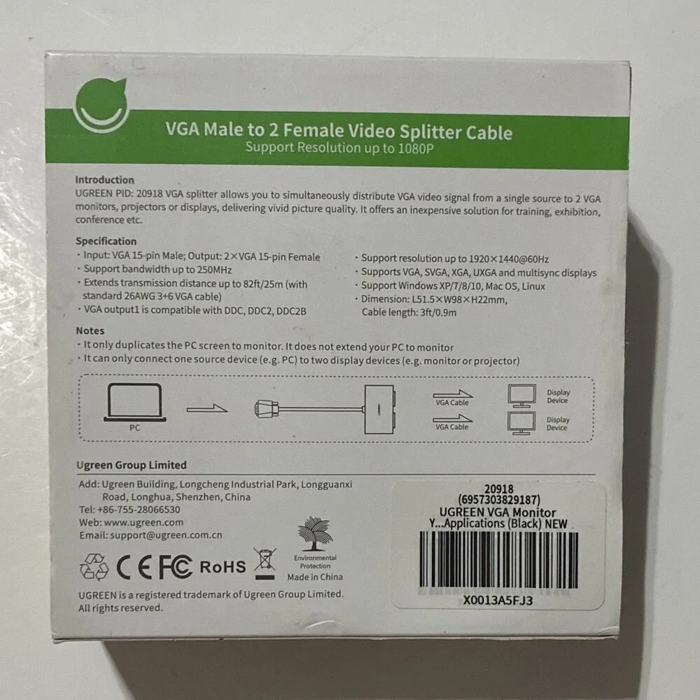 UGREEN 20918 VGA Male to Dual Female Splitter Cable 1x2 3ft Open Box